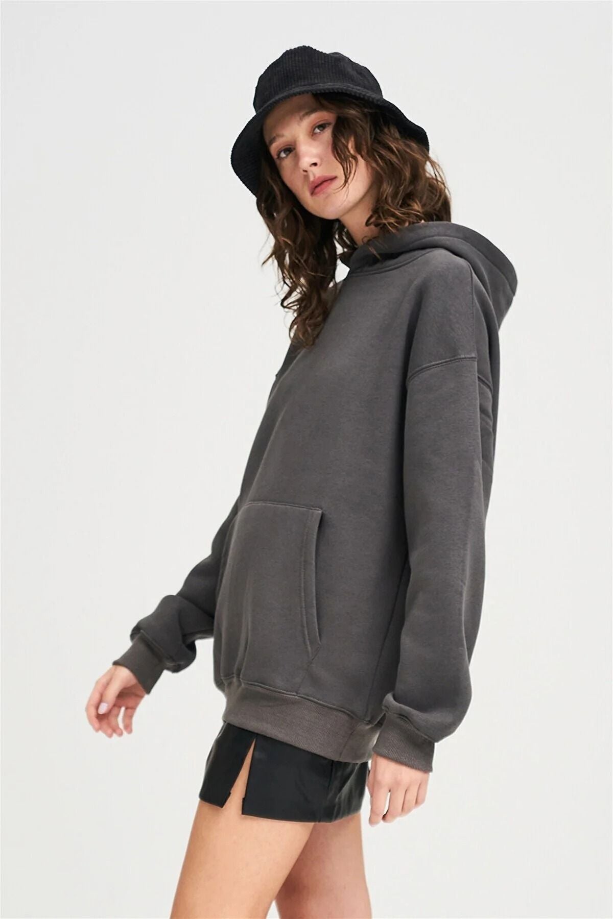 Unisex Oversize Kapşonlu Hoodie Pamuklu Füme Sweatshirt - Füme - 5
