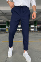 Erkek Regular Fit Beli Lastikli Bağcıklı Jogger Yan Cepli Rahat Kesim Pantolon - Lacivert - 1