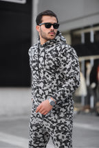 Erkek Bol Oversize 3 İ̇plik İ̇çi Pamuklu Kanguru Cep Kapşonlu Lastikli Paça Jogger Kış Eşofman Takımı - Kamuflaj - 3