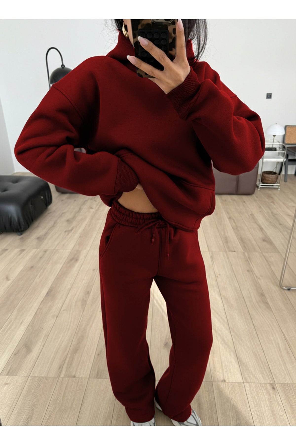 Kadın Boyfriend 3 İplik Şardonlu Bol Paça Oversize Casual Takım - Bordo - 3