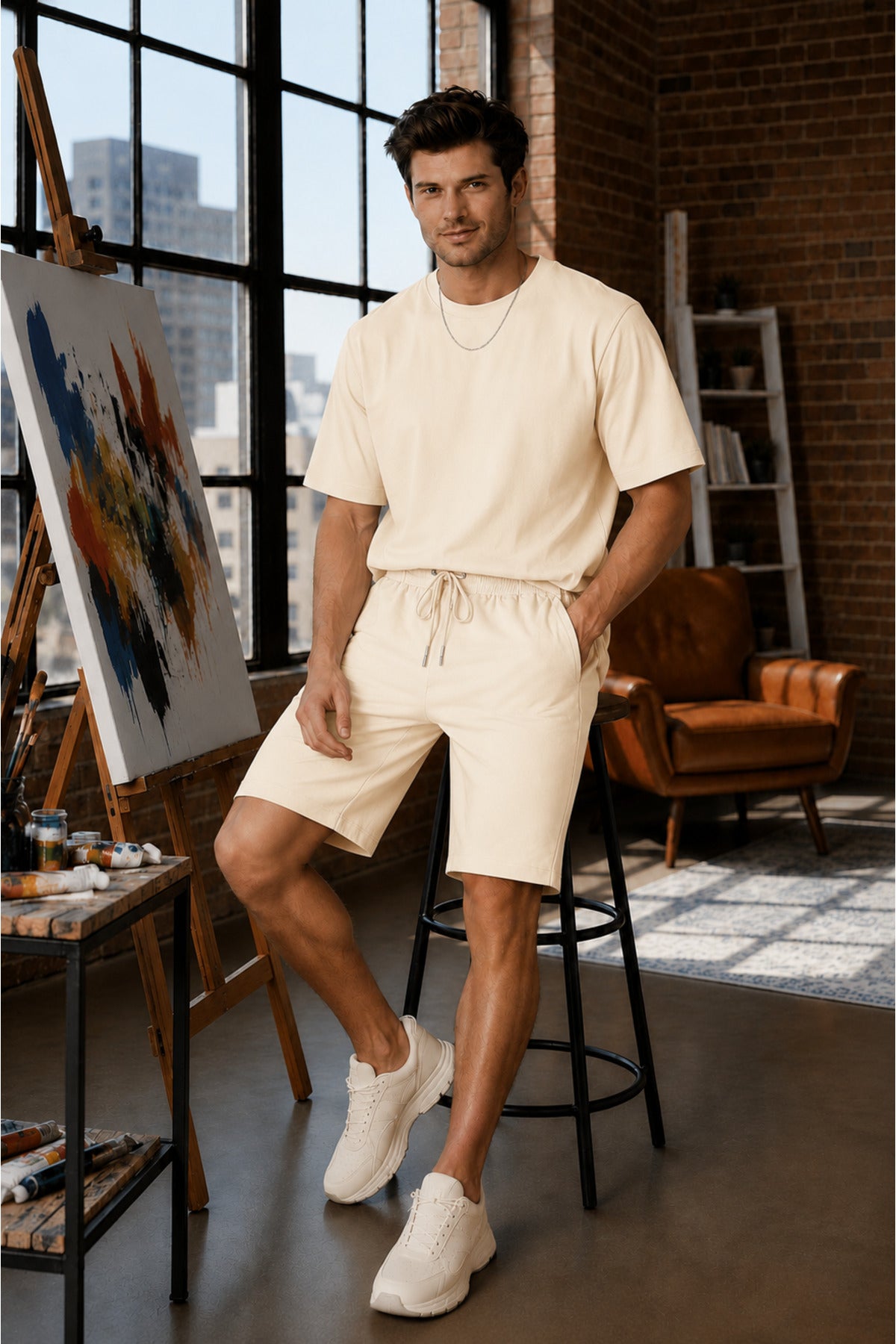 Erkek Modern Ressam Stili Sanat Atölyesi Konseptli Oversize Şortlu Rahat Takım - Bej - 2