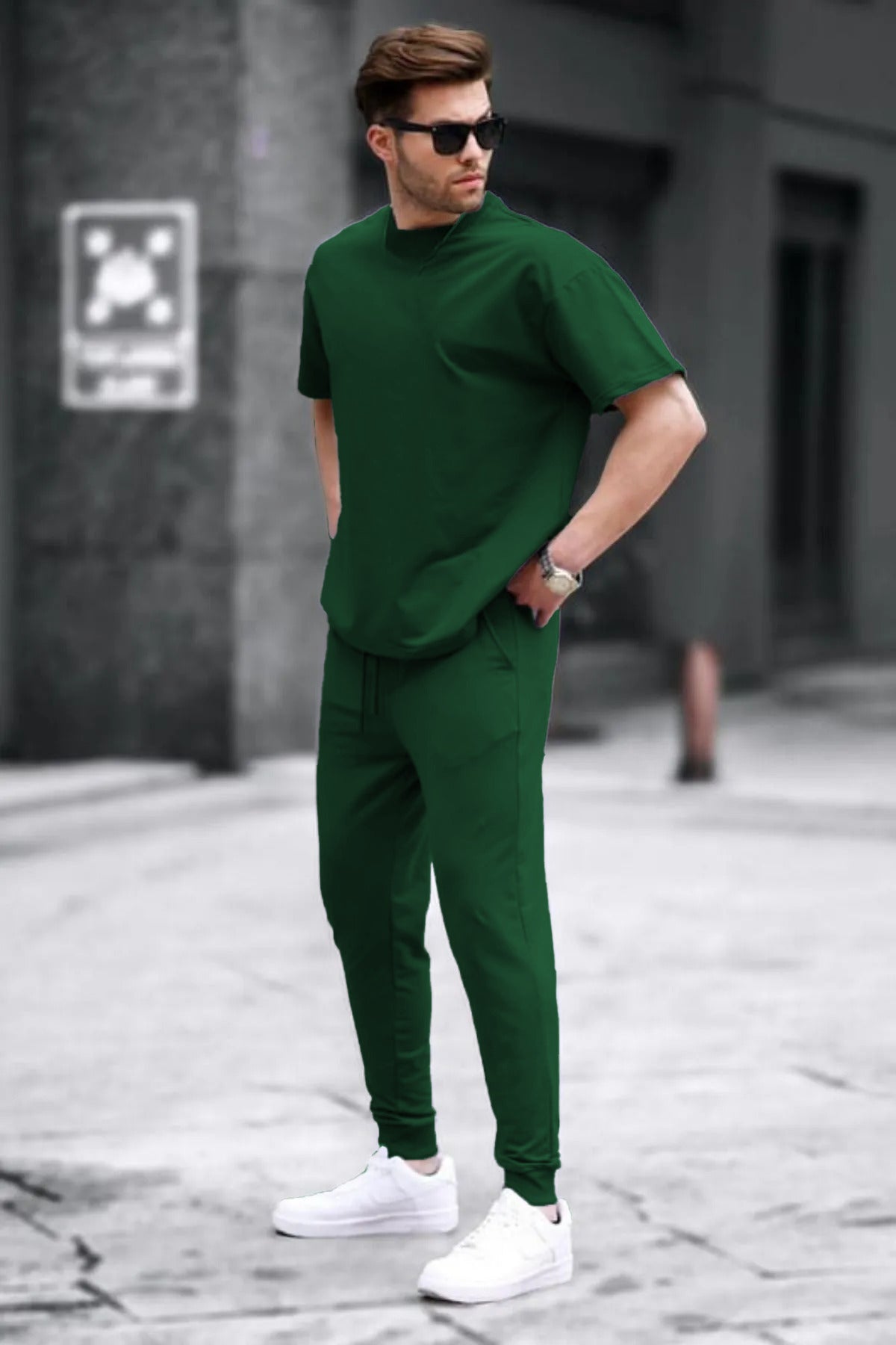 Erkek Koyu Yeşil Beli Yüksek Penye Oversize Kısa Kollu Eşofman Takımı - Koyu Yeşil - 2