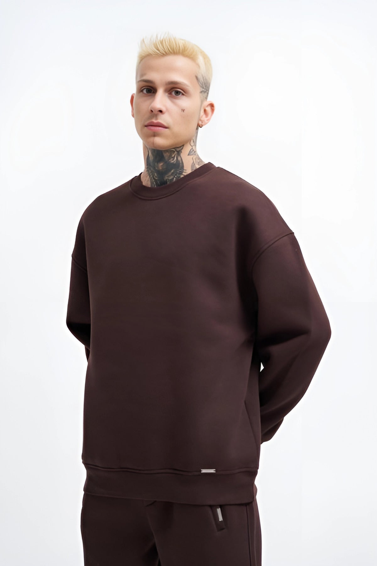 Erkek Oversize 3 İ̇plik Şardonlu Uzun Kollu Bisiklet Yaka Kazak - Kahverengi - 1
