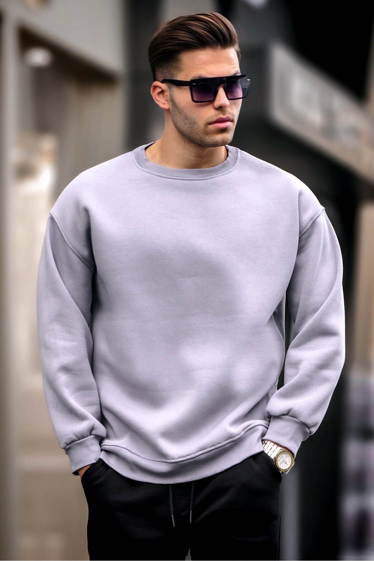 Erkek Bi̇si̇klet Yaka Oversi̇ze Sweatshi̇rt 3 İ̇pli̇k Kalin - Gri - 1