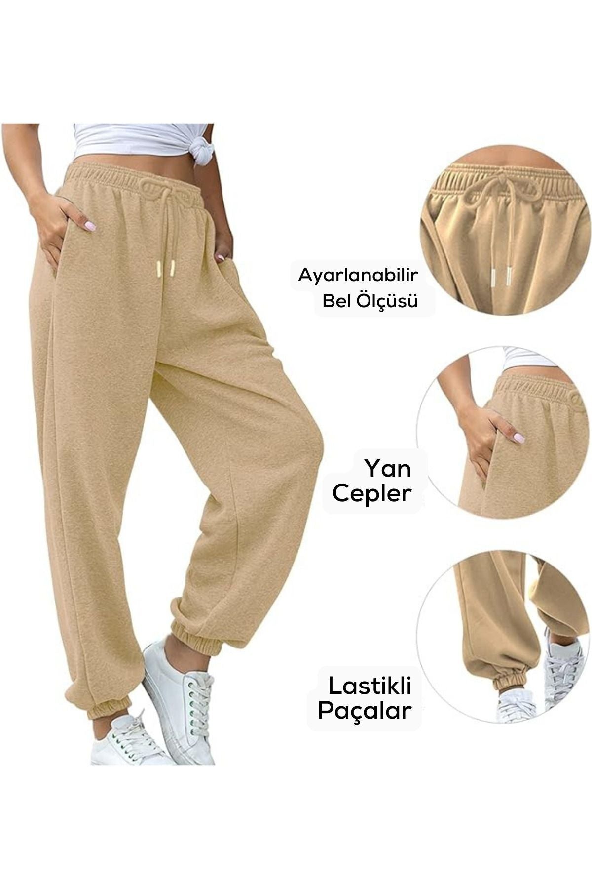 Kadın Bej Kalın İ̇çi Polarlı Basic Jogger Örme Eşofman Altı - Bej - 4