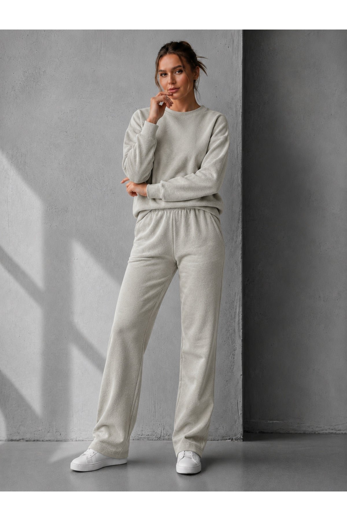 Kadin 3 İ̇pli̇k Şardonlu Bi̇si̇klet Yaka Oversi̇ze Yumuşak Sweatshirt Eşofman Takimi - Gri - 3