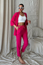 Kadın Dökümlü Bürümcük Yazlık Palazzo Kimono Takım - Pembe - 4