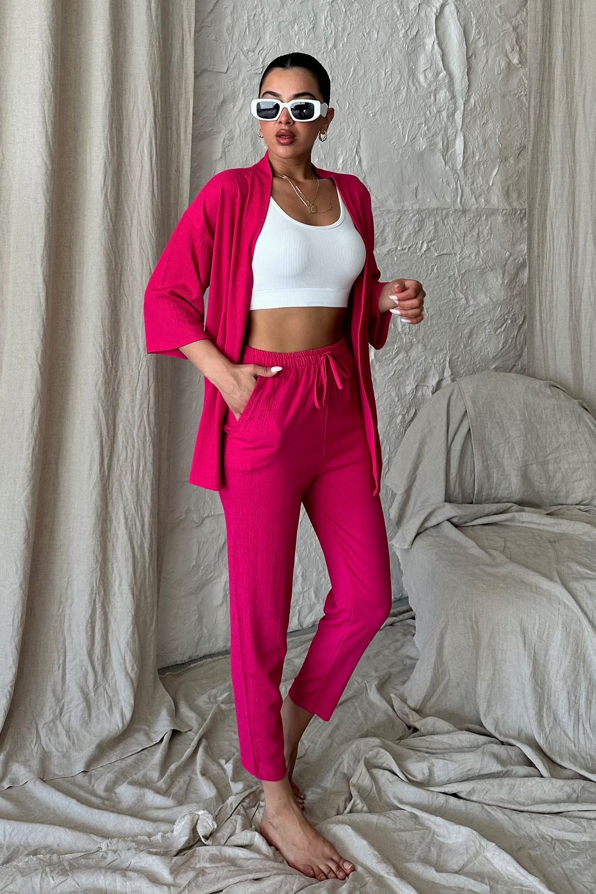 Kadın Dökümlü Bürümcük Yazlık Palazzo Kimono Takım - Pembe - 4