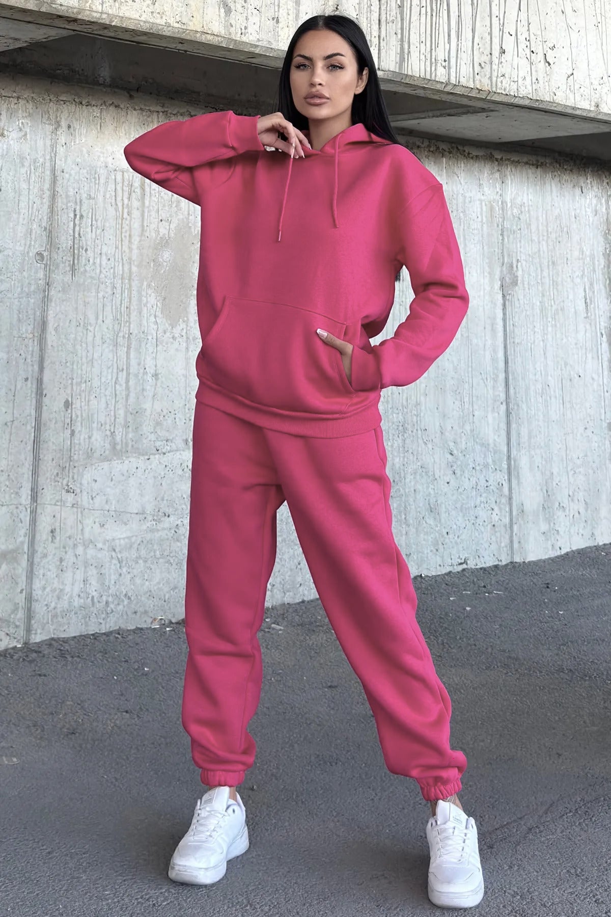 Kadın Oversize 3 İ̇plik İ̇çi Şardonlu Paçası Lastikli Kapüşonlu Kangur Cep Kalın Eşofman Takımı - Mürdüm Melanj - 4
