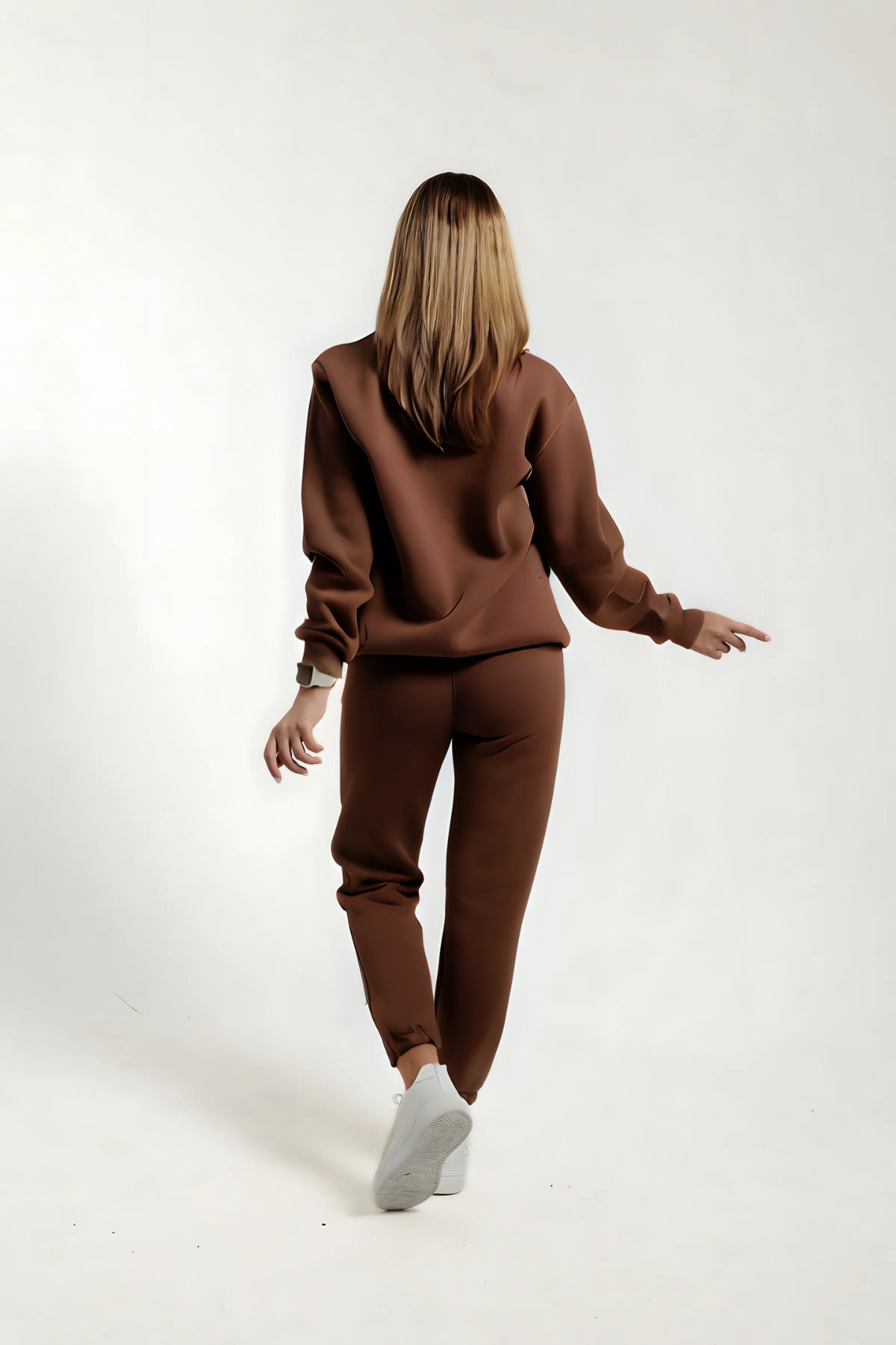 Sweatshirt Jogger Beli Ve Paçası Lastikli Kadın 3 İplik Eşofman Takımı Pamuklu - Kahverengi - 4