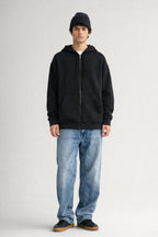 Erkek Oversize Bol Kapşonul Cepli Hoodie Hırka - Siyah - 2