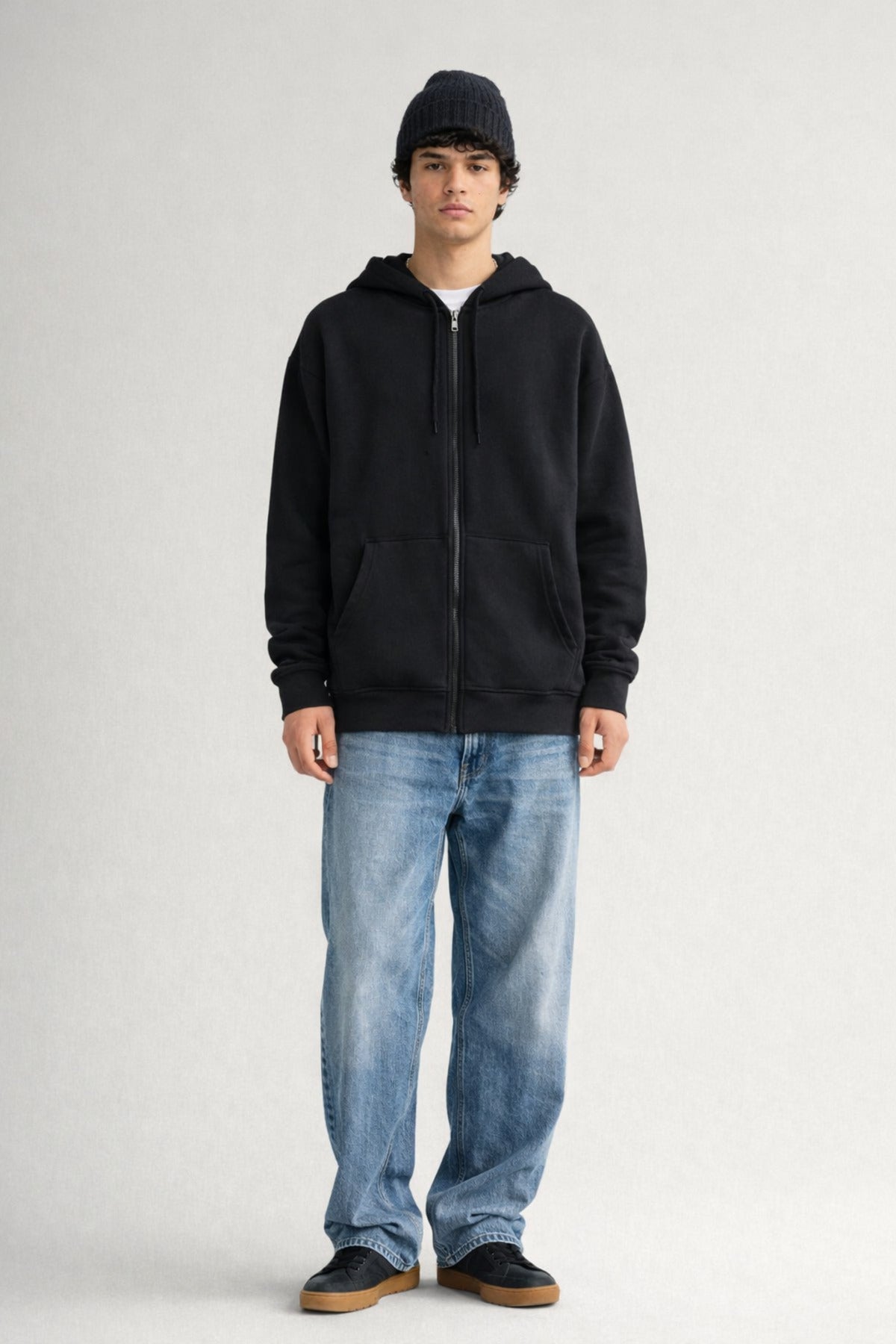 Erkek Oversize Bol Kapşonul Cepli Hoodie Hırka - Siyah - 2