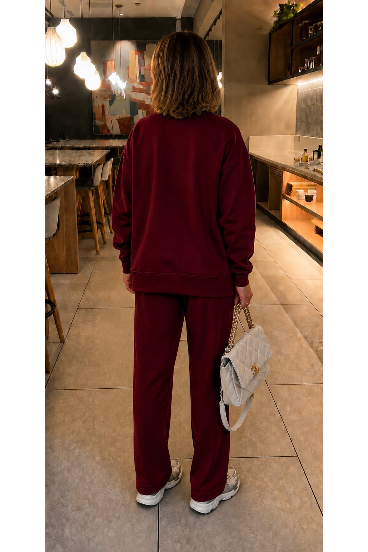 Kadin 3 İ̇pli̇k Bi̇si̇klet Yaka Sweatshirt Eşofman Takimi - Bordo - 4