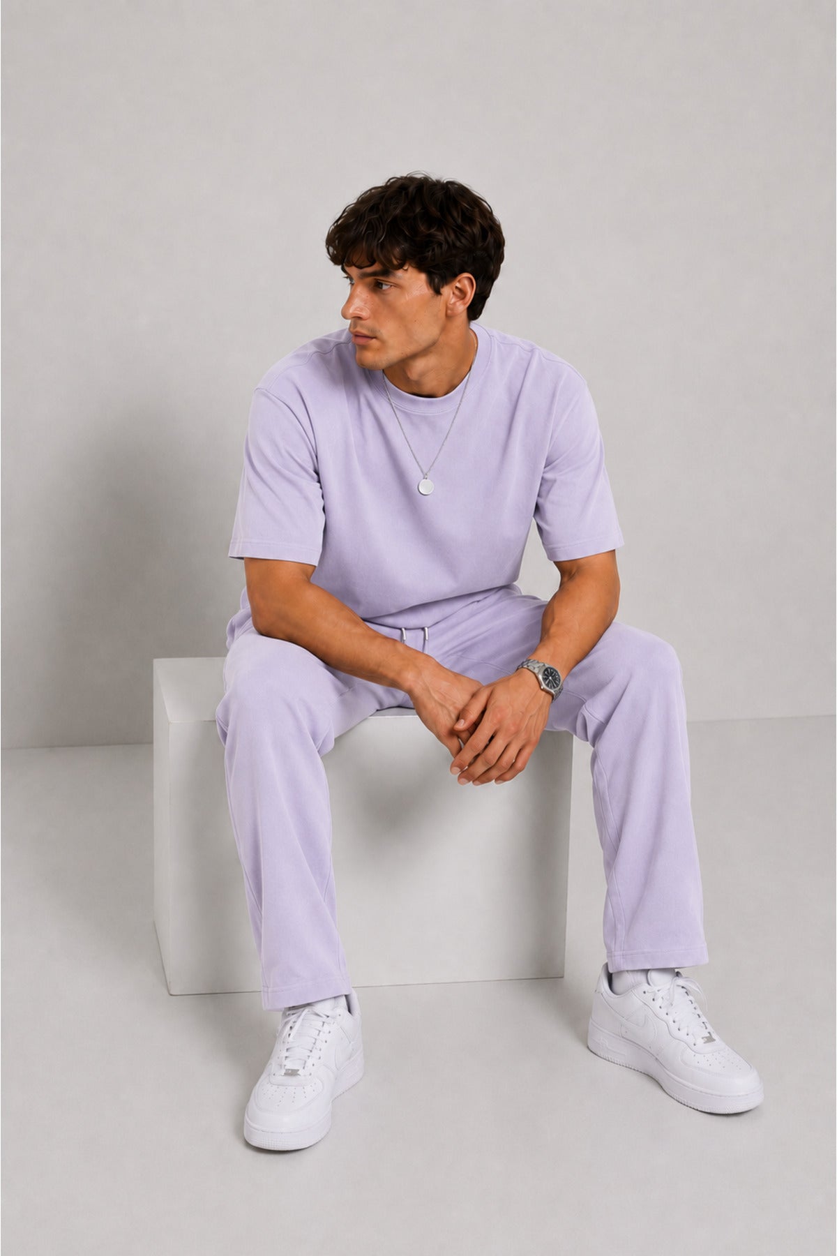 Erkek 2 İ̇plik Oversize Basic Bisiklet Yaka Rahat Kalıp Günlük Eşofman Takımı - Lila - 6
