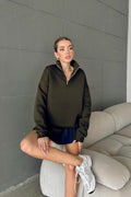 Unisex 3 İ̇plik Şardonlu Oversize Yarım Fermuarlı Sweatshirt - Haki - 1
