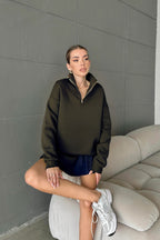 Unisex 3 İ̇plik Şardonlu Oversize Yarım Fermuarlı Sweatshirt - Haki - 1