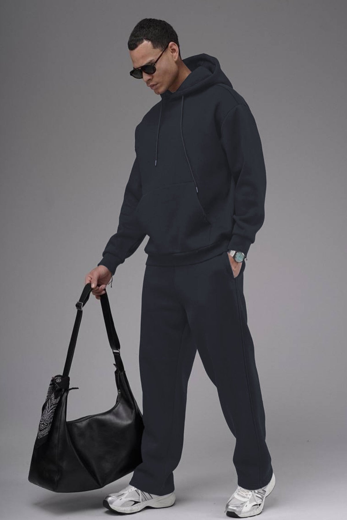 Erkek Baggy Geniş Paça Beli Lastikli Geniş Kesim Kışlık Eşofman Takımı - Füme - 2
