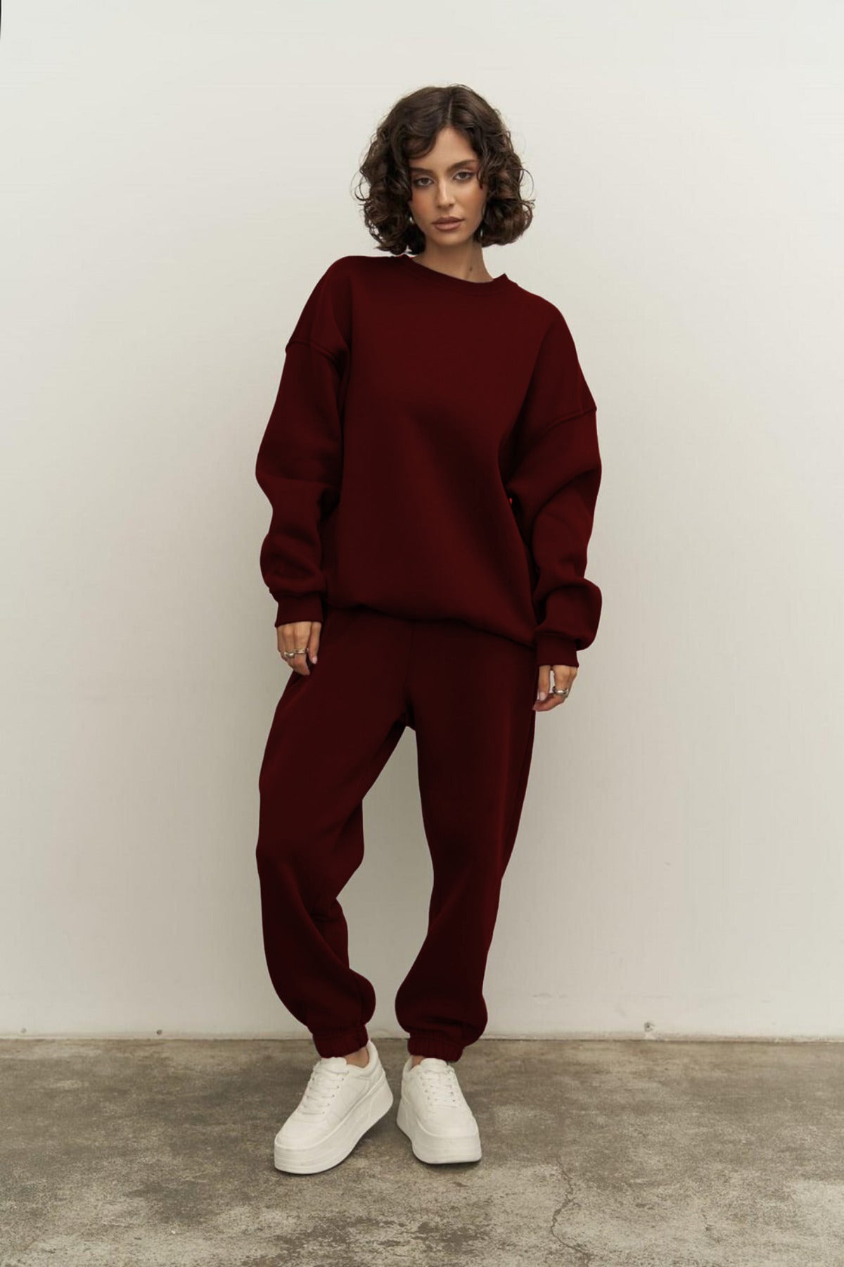 Kadın Oversize Rahat Kalıp Bisiklet Yaka Eşofman Takıım - Bordo - 2