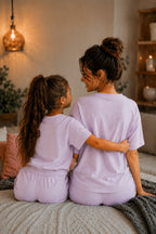 Anne Çocuk Kisa Kollu Oversize Esnek Rahat Beli̇ Bağcikli Modern Kesi̇m Trend Yazlik Günlük Alt Üst Takim - Lila - 5