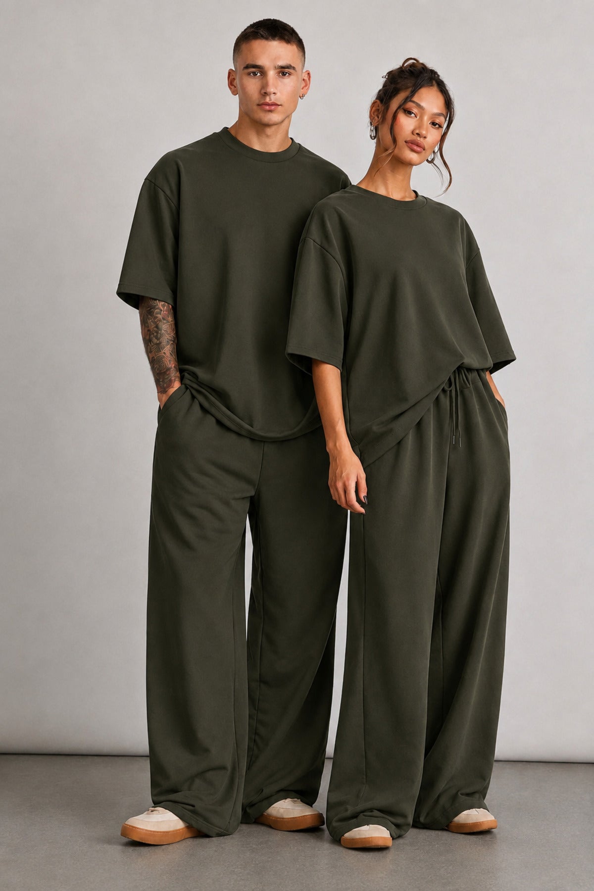 Unisex Çi̇ftleri̇n Kullanimina Uygun Oversi̇ze Kisa Kollu Eşofman Takimi (tekli̇) - Haki - 1