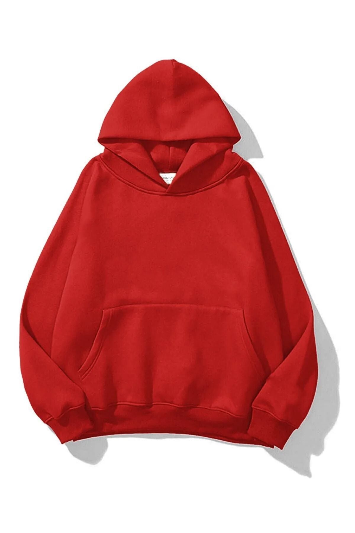Unisex Oversize Kapşonlu Kırmızı Hoodie Pamuklu Sweatshirt - Kırmızı - 1