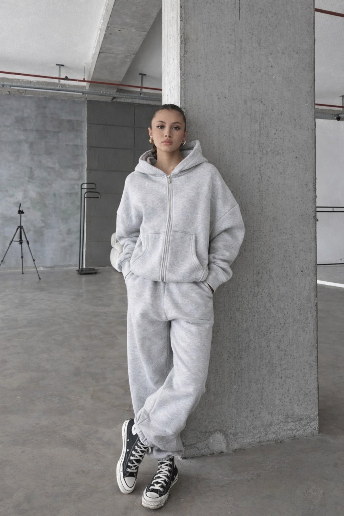 Kadin 3 İ̇pli̇k Oversi̇ze Fermuarli Sweatshi̇rt Hirka Eşofman Takimi - Grimelanj - 4