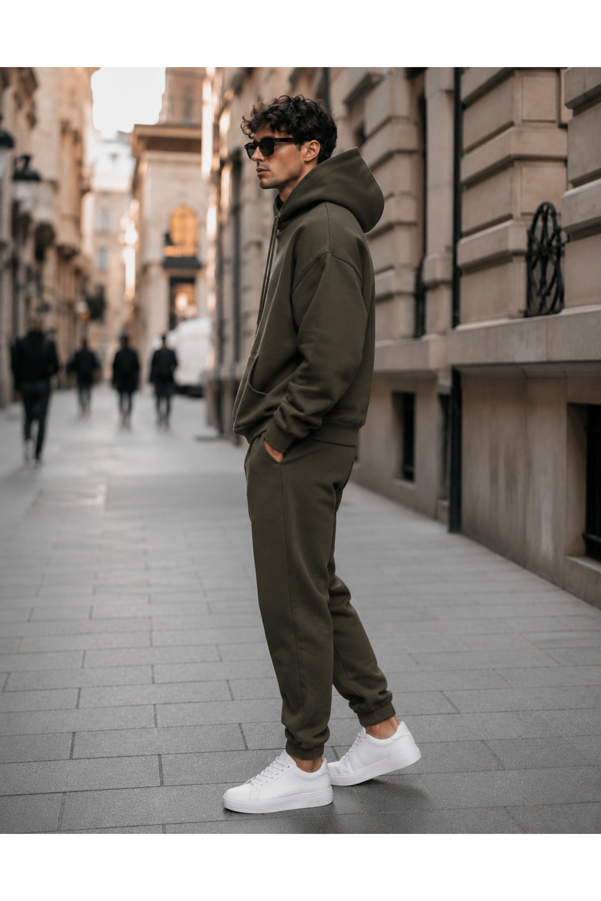 Erkek 3 İ̇pli̇k Oversi̇ze Kapüşonlu Kanguru Cep Lasti̇k Paça Jogger Eşofman Takimi - Haki - 3