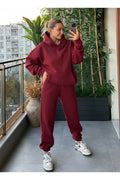Kadin Kalin Comfort Sweatshi̇rt Yüksek Bel Eşofman Takimi - Bordo - 1