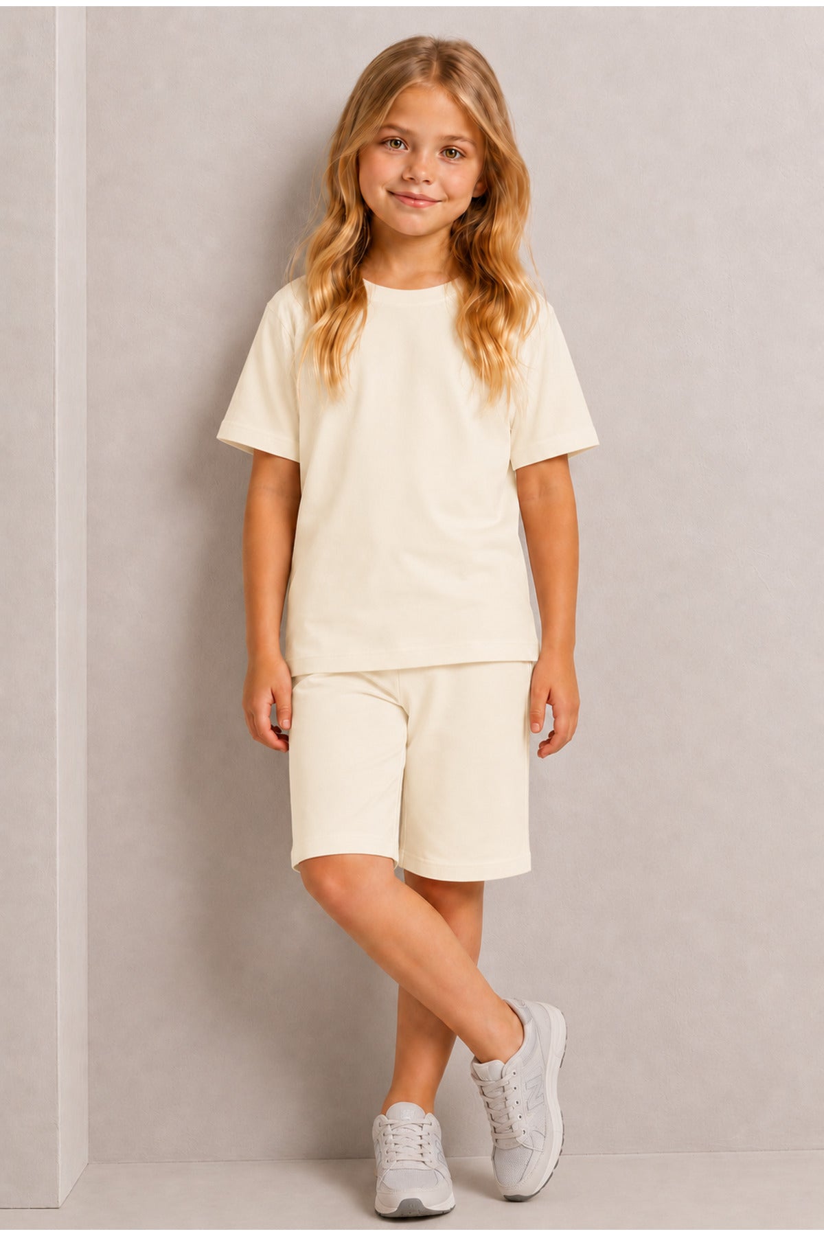 Çocuk Kısa Kollu Baskısız Basic Oversıze Geniş Kalıp Beli Bağlamalı Esnek 1-10 Yaş Arası Yaz Sezonu Sportif T-shirt / Şort Takım - Bej - 5