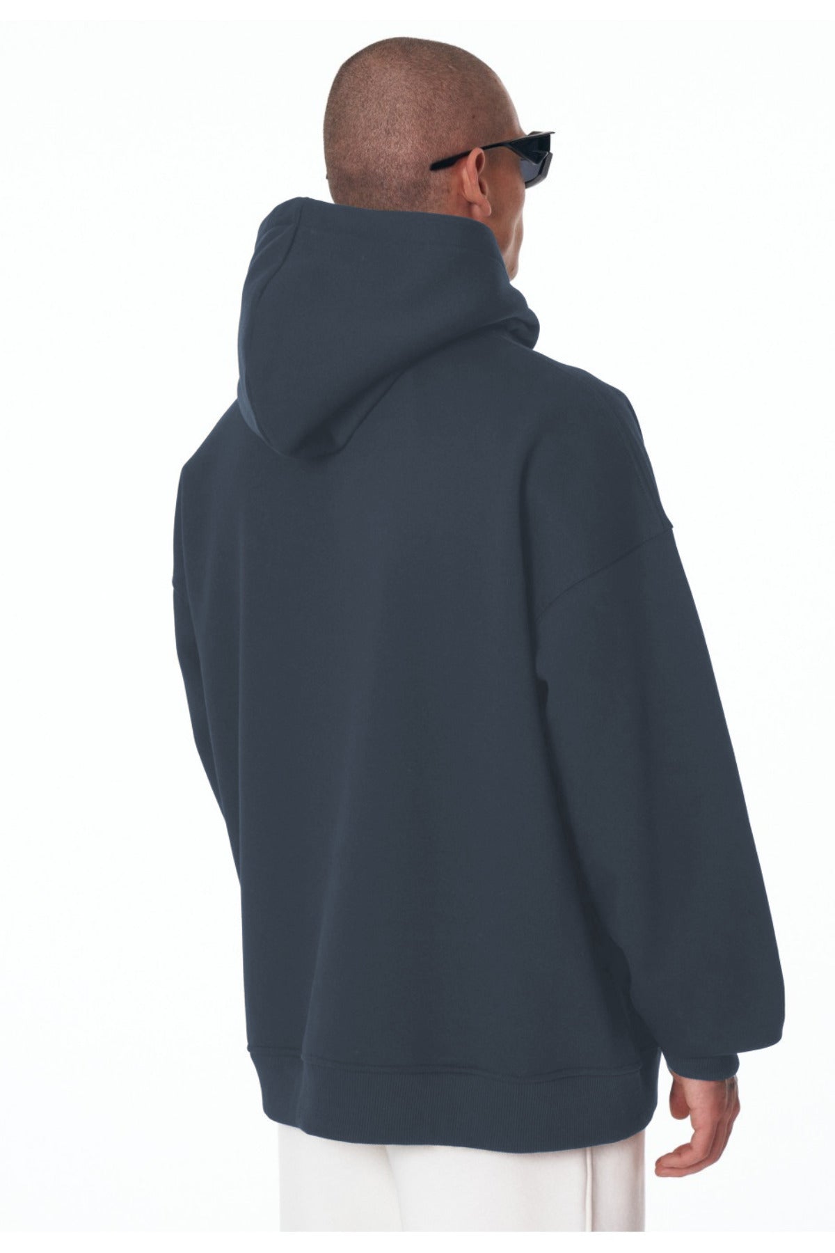 Erkek Bol Kesim Oversize 3 İ̇plik İ̇çi Pamuklu Şardonlu Kanguru Cep Kapşonlu Kışlık Hoodie Sweatshirt - Füme - 3