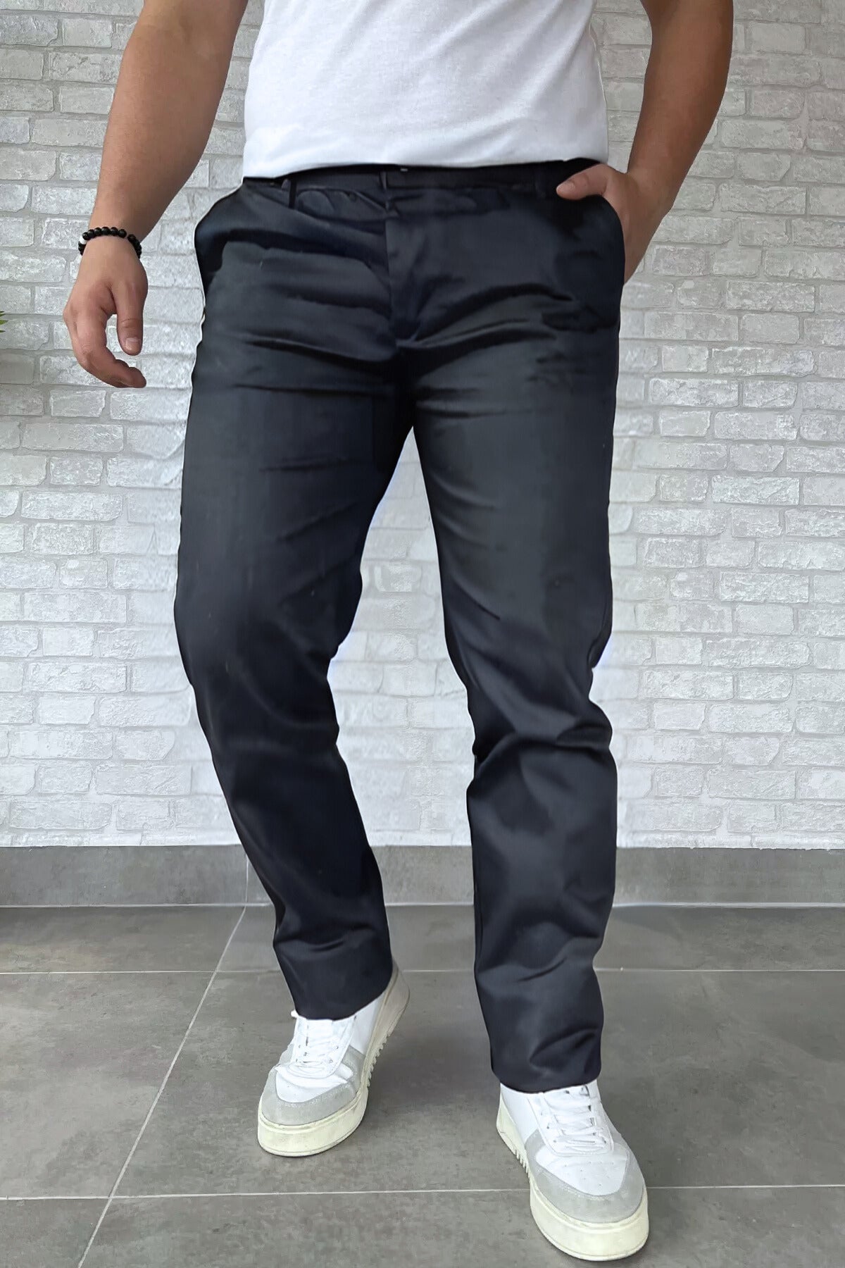 Erkek Likralı Rahat Kalıp Kumaş Okul Pantolonu - Füme - 1