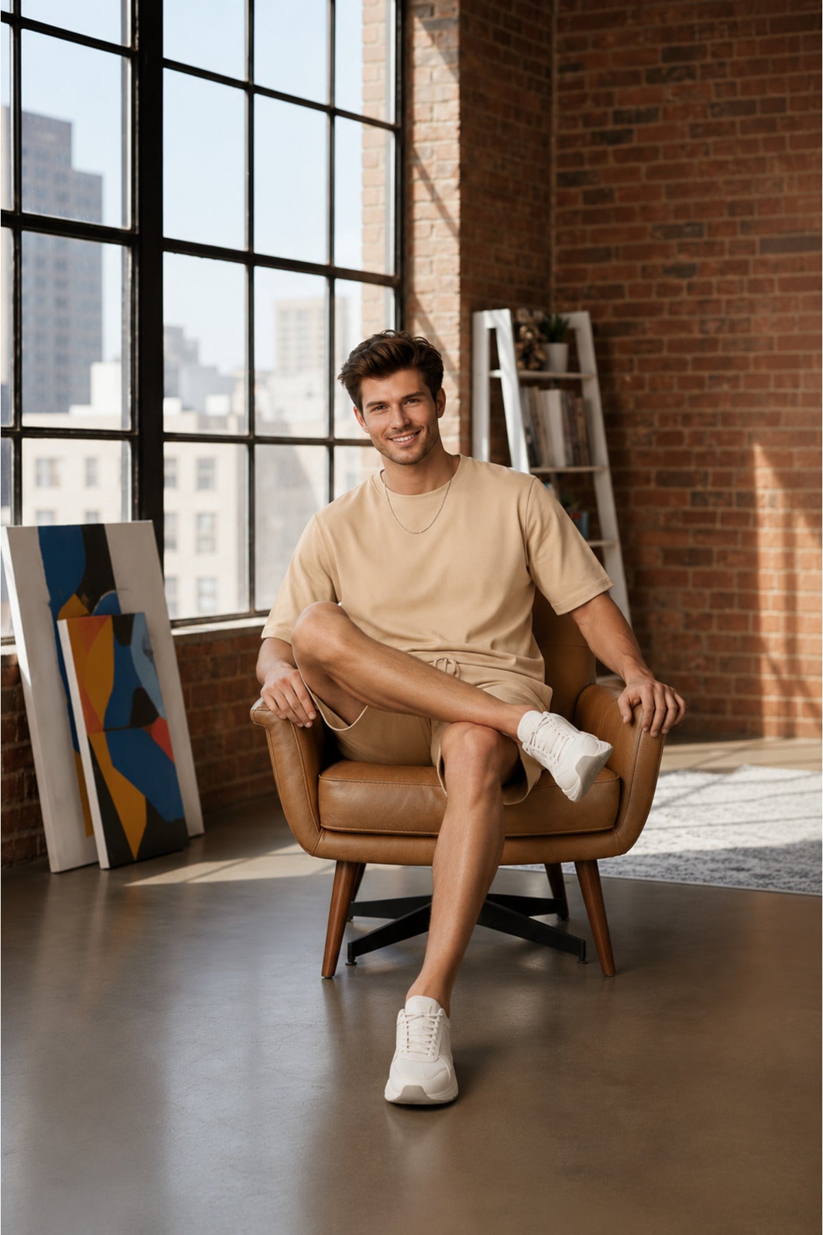 Erkek Modern Ressam Stili Sanat Atölyesi Konseptli Oversize Şortlu Rahat Takım - Vizon - 5