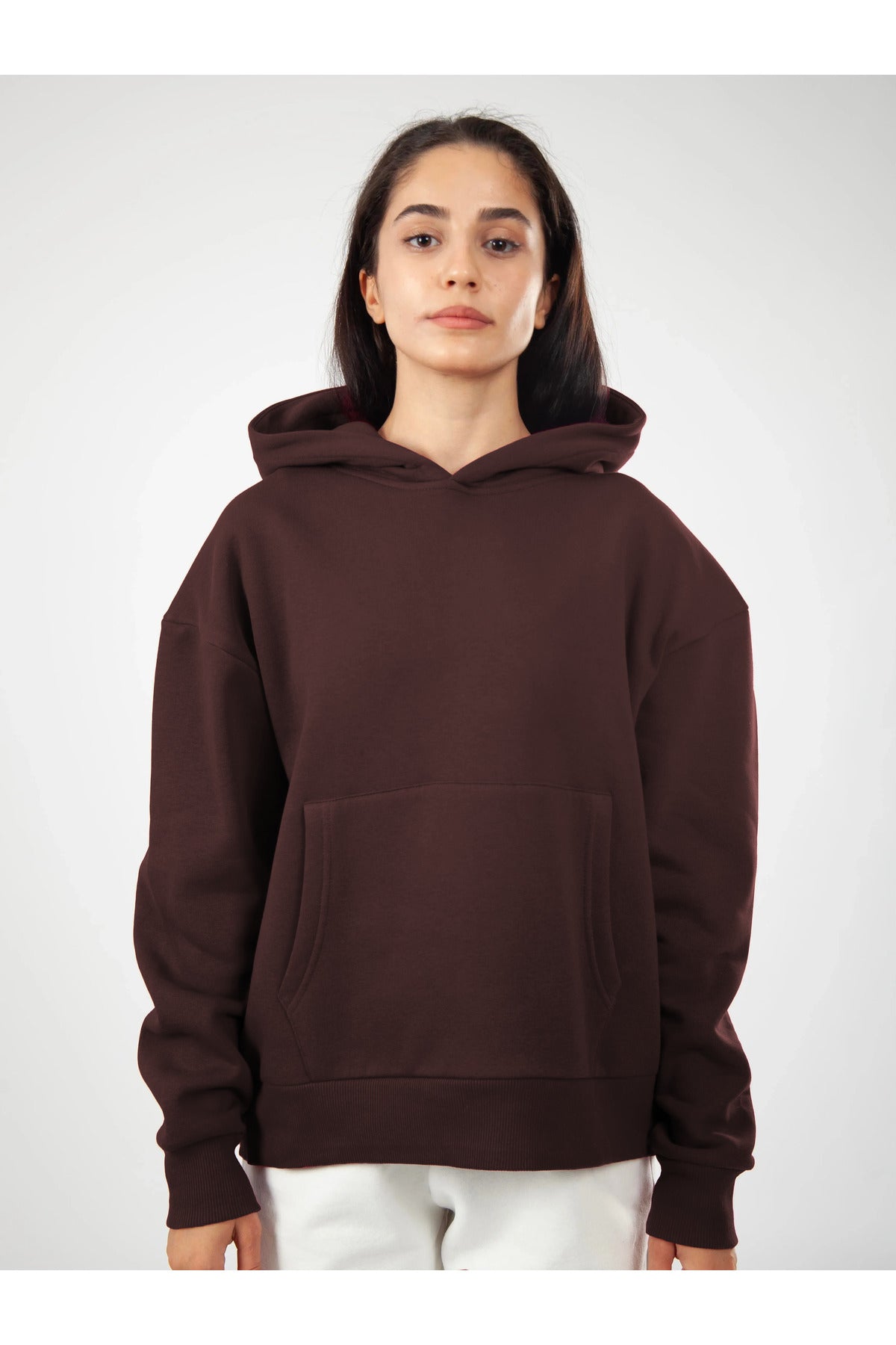 Oversize Hoodie Okul Sweatshirt - Kahverengi - 1