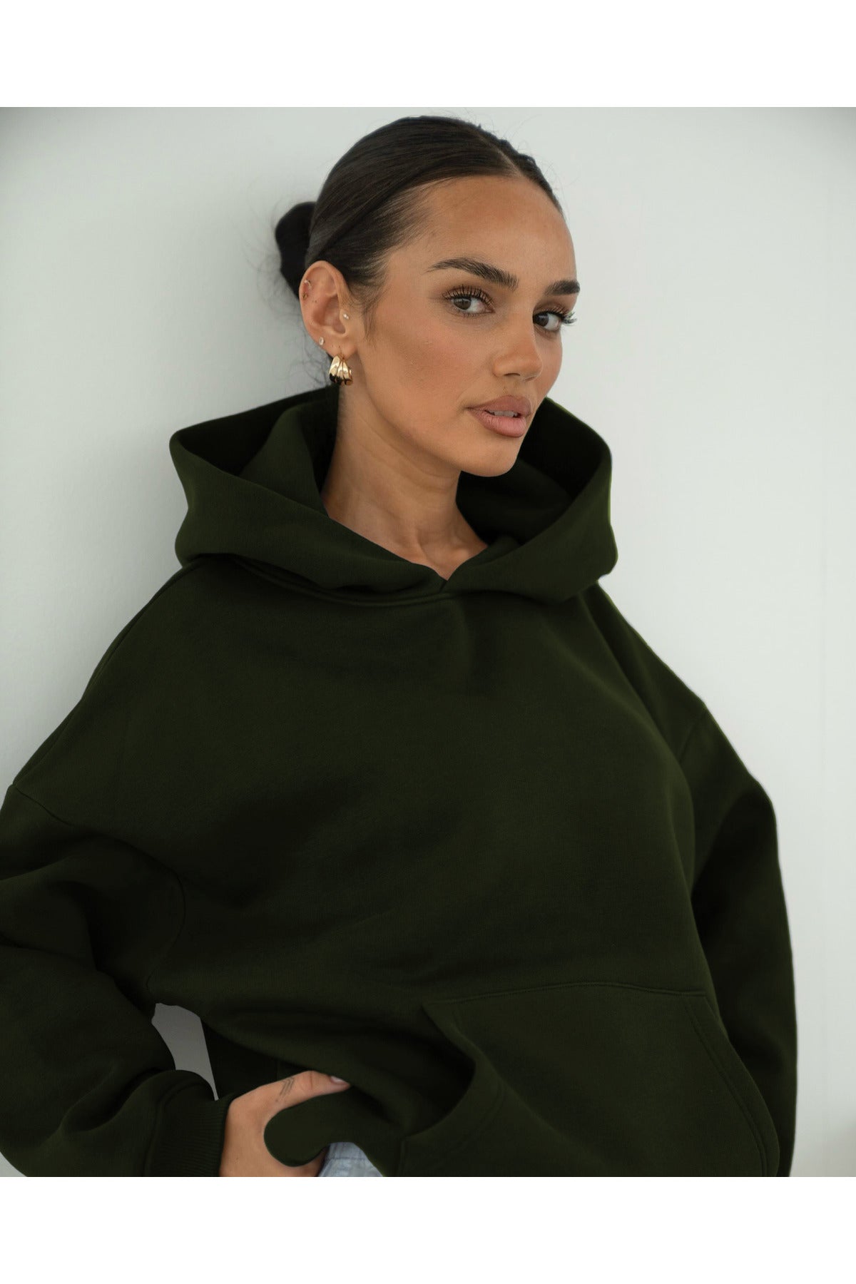 Basic Baskısız Düz Okul Sweatshirt - Koyu Yeşil - 1