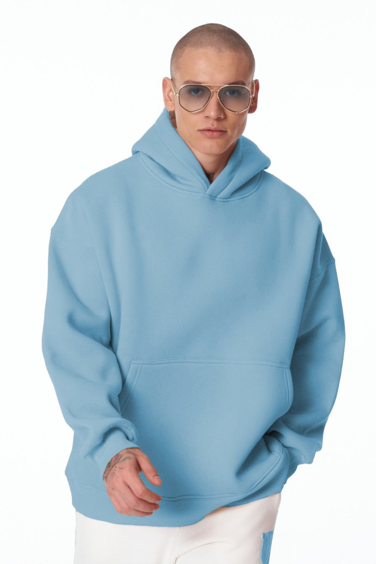 Erkek Bol Kesim Oversize 3 İ̇plik İ̇çi Pamuklu Şardonlu Kanguru Cep Kapşonlu Kışlık Hoodie Sweatshirt - Bebe Mavisi - 3