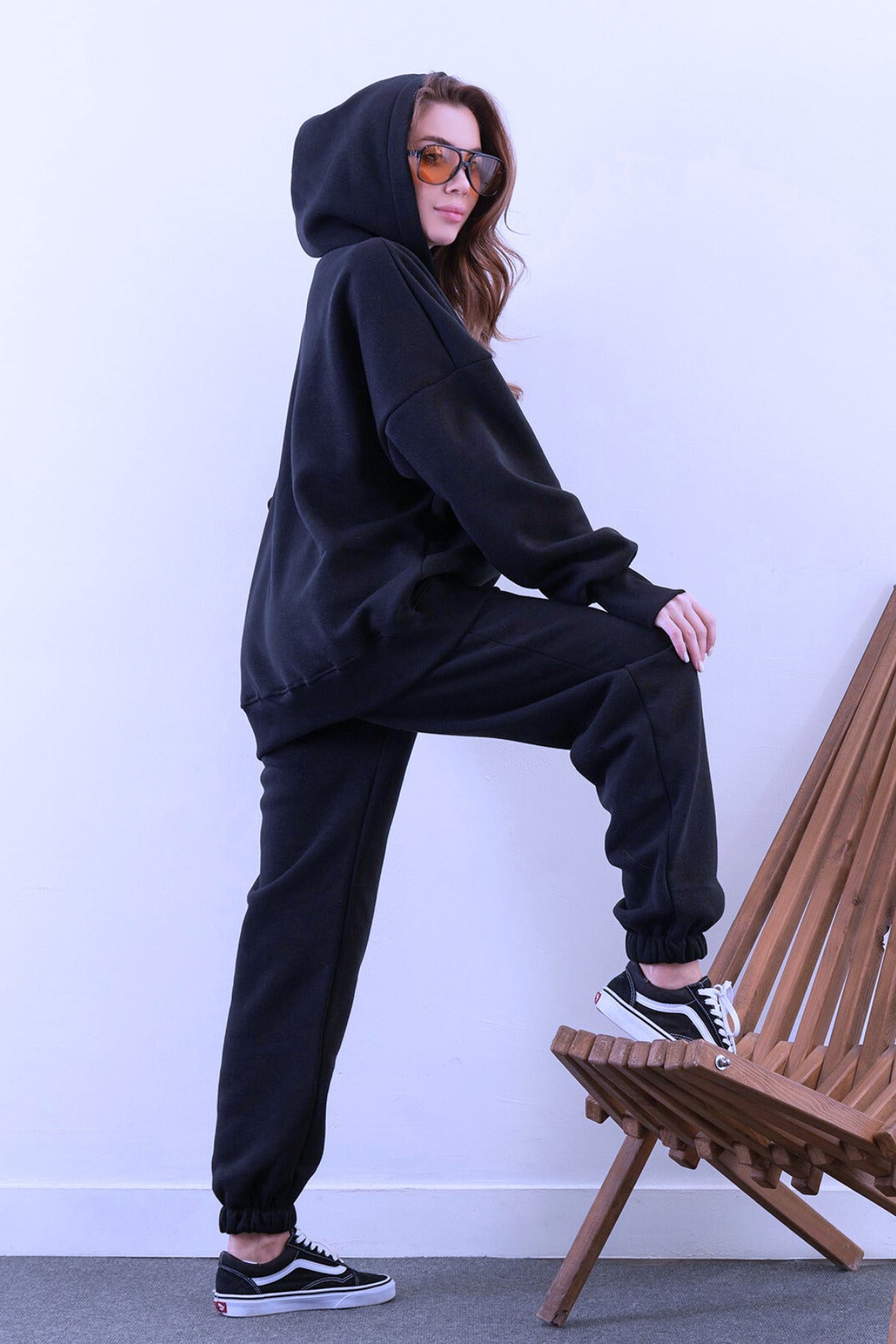 Kadın Yüksek Bel 3 İ̇plik Kalın Şardonlu Oversize Fit Jogger Eşofman Takımı - Lacivert - 2