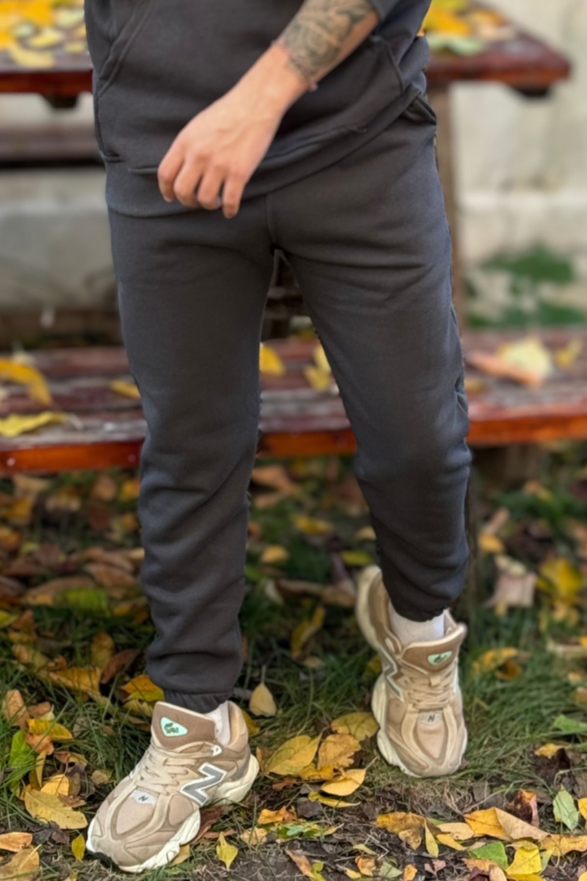 Erkek Beli Lastikli Cepli 3 İ̇plik Eşofman Altı Jogger - Füme - 2