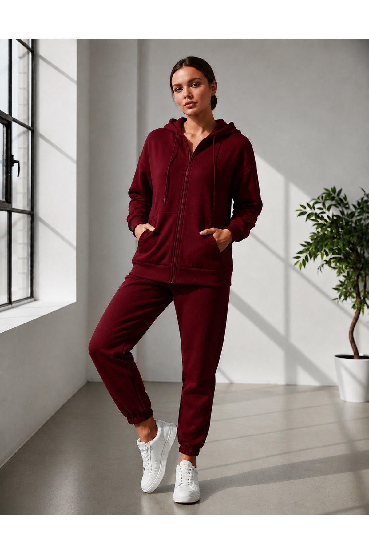 Kadin 3 İ̇pli̇ş Kapüşonlu Fermuarli Sweatshirt Hirka Yüksek Bel Jogger Eşofman Takimi - Bordo - 1