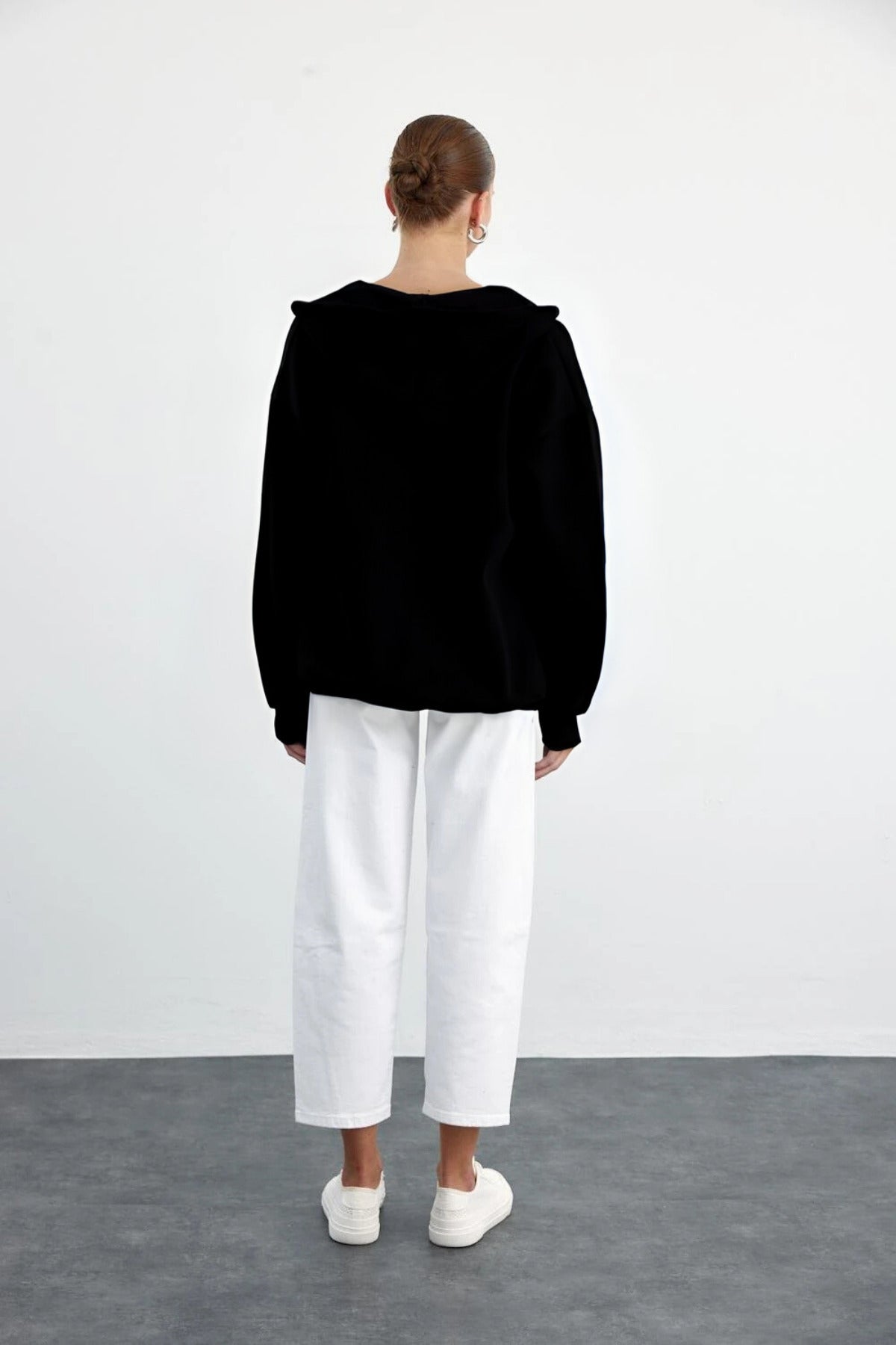 Kadın Fermuarlı Şardonlu Oversize Kapşonlu Hırka Sweatshirt - Siyah - 3