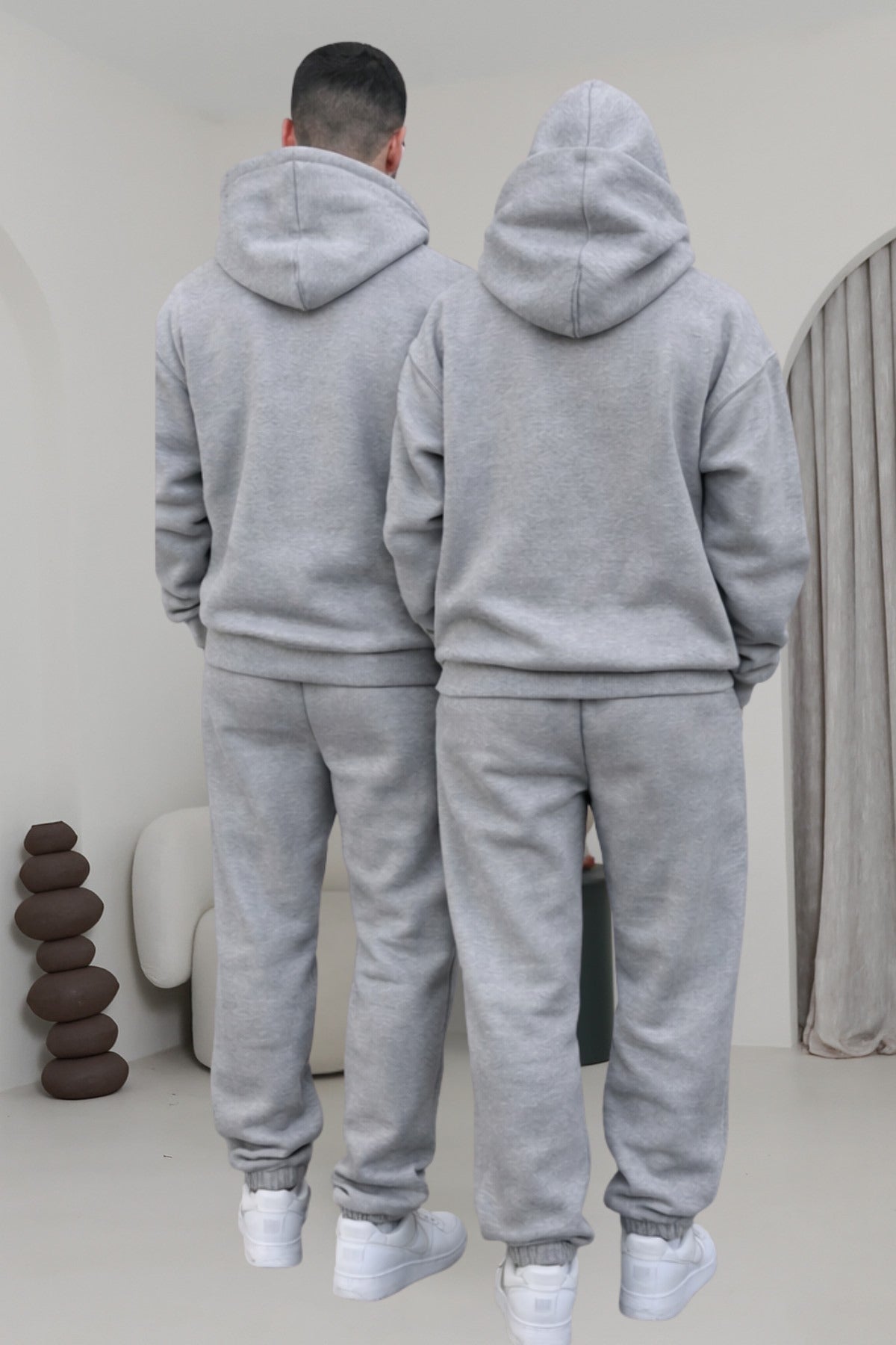 Çiftlere Özel Basic Oversize Kapşonlu Eşofman Takımı - Gri Melanj - 3