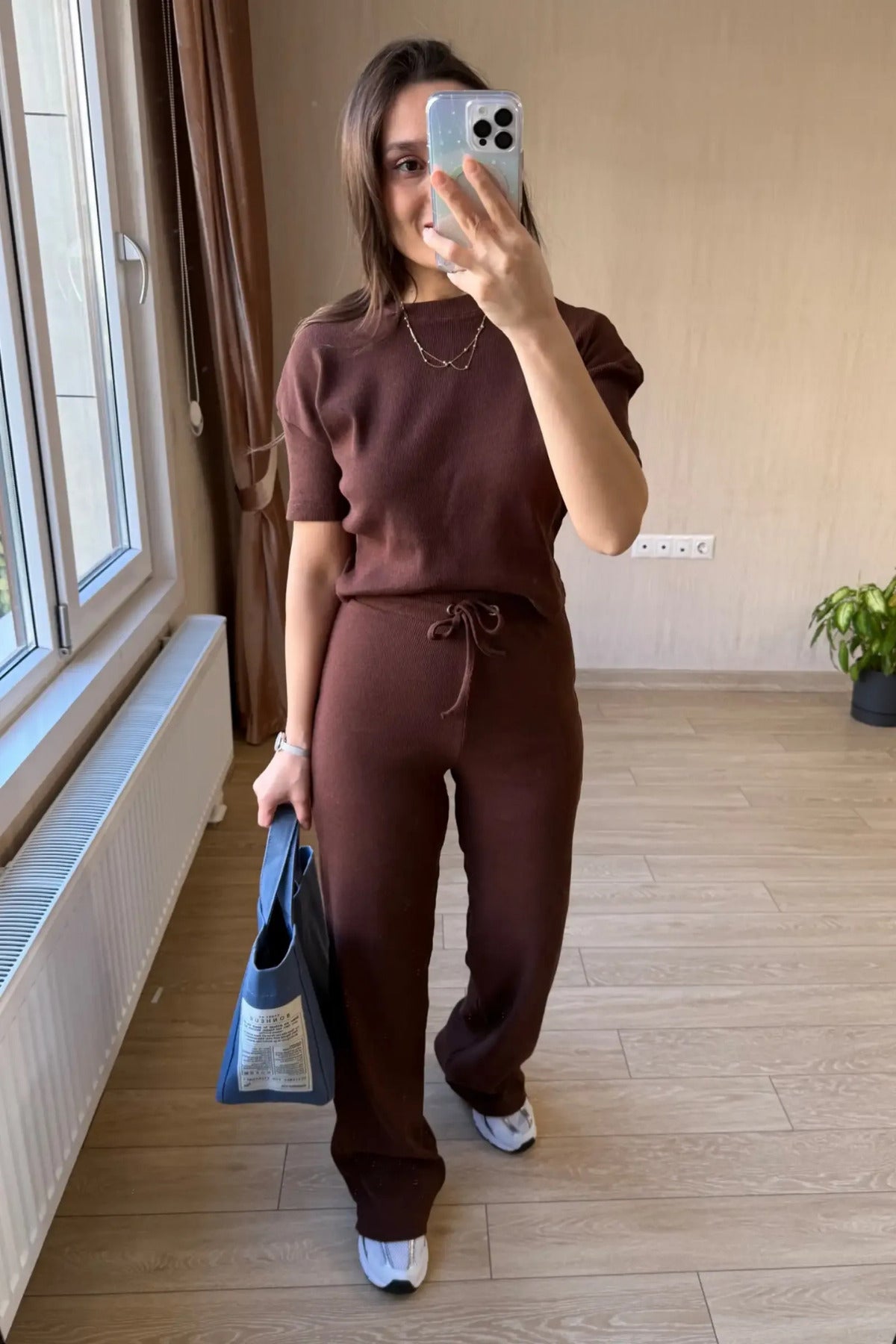 Kadin Kisa Kollu Fi̇ti̇lli̇ Pi̇jama Takimi - Kahverengi - 2