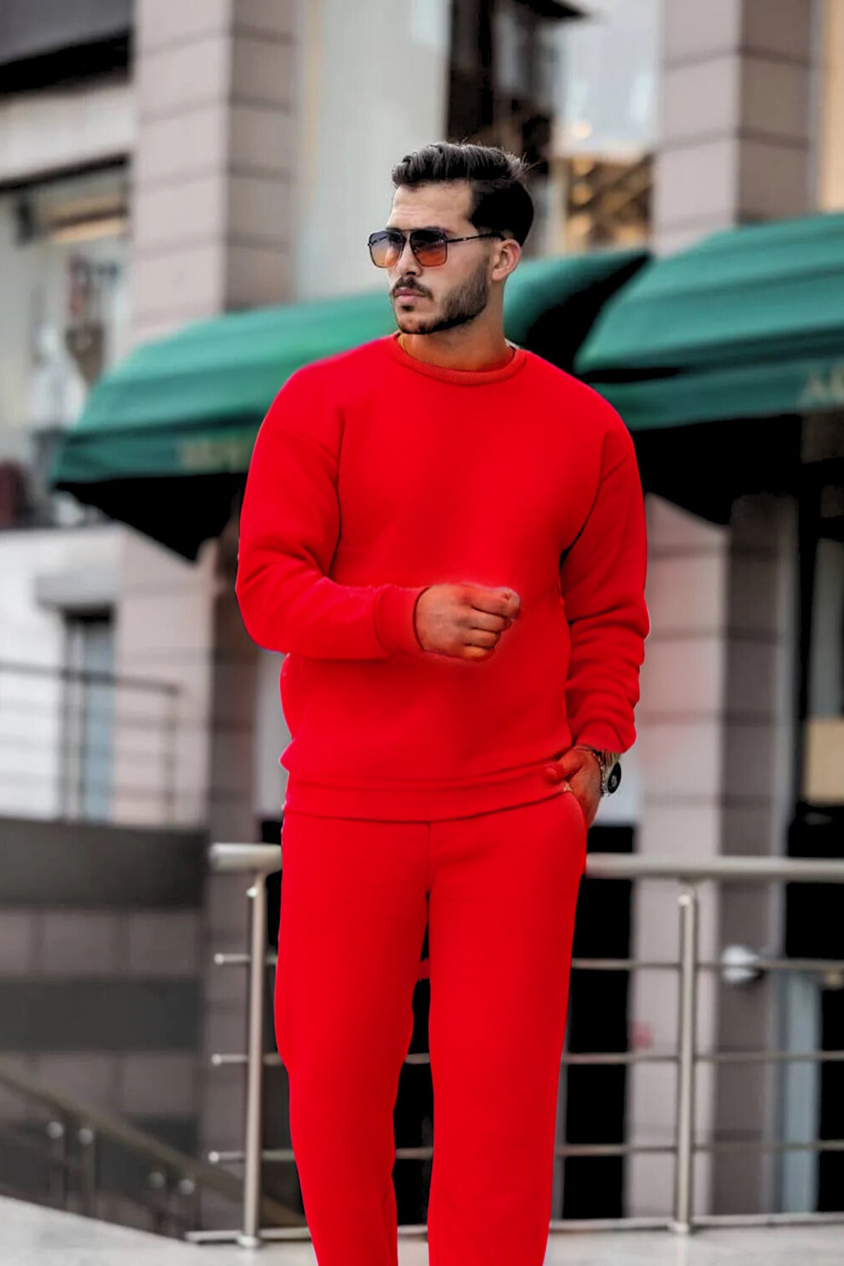 Kalın Bisiklet Yaka Paçası Lastikli Eşofman Takımı - Kırmızı - 1
