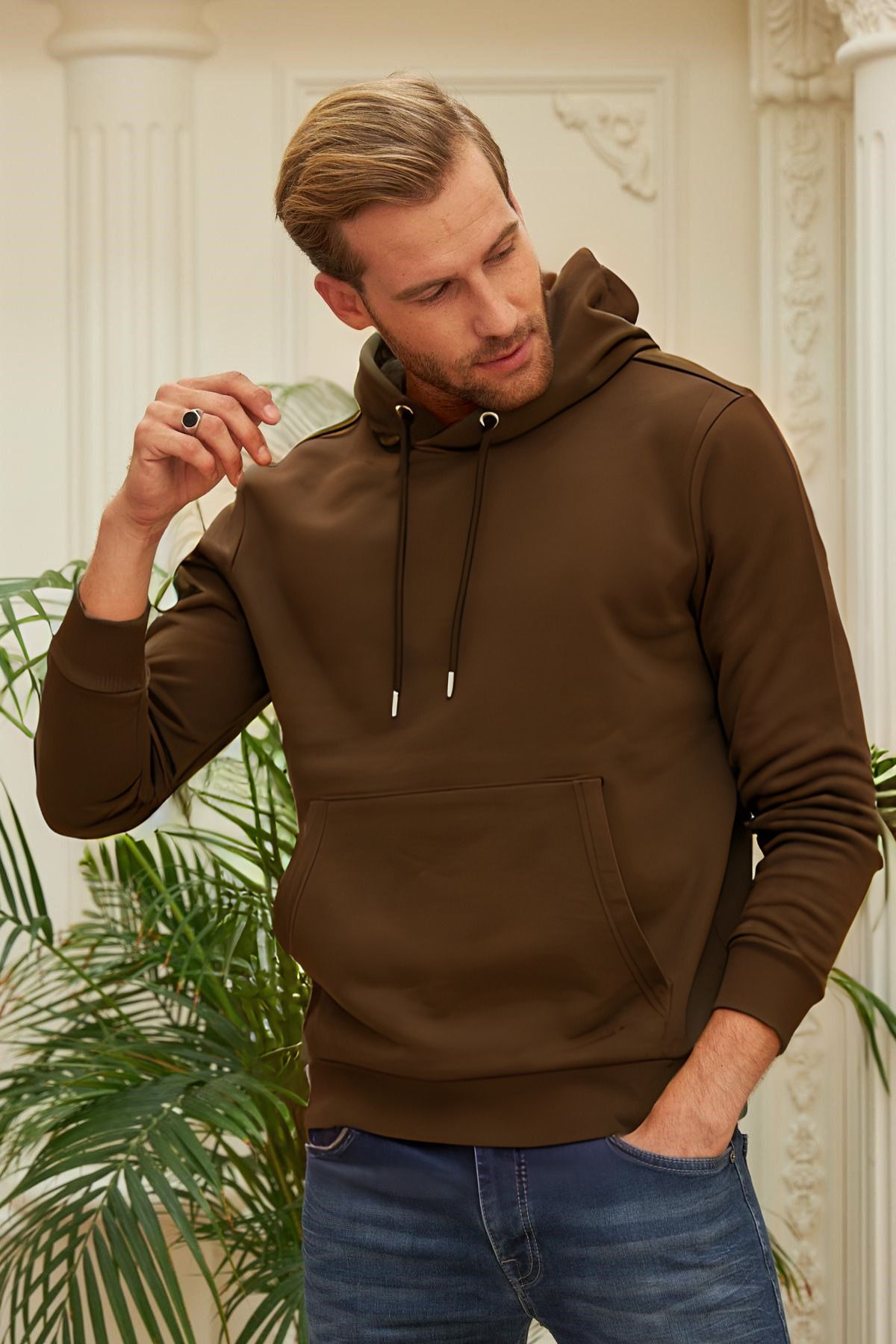 Erkek Kapşonlu Kanguru Cep Basic Sweatshirt - Kahverengi - 3
