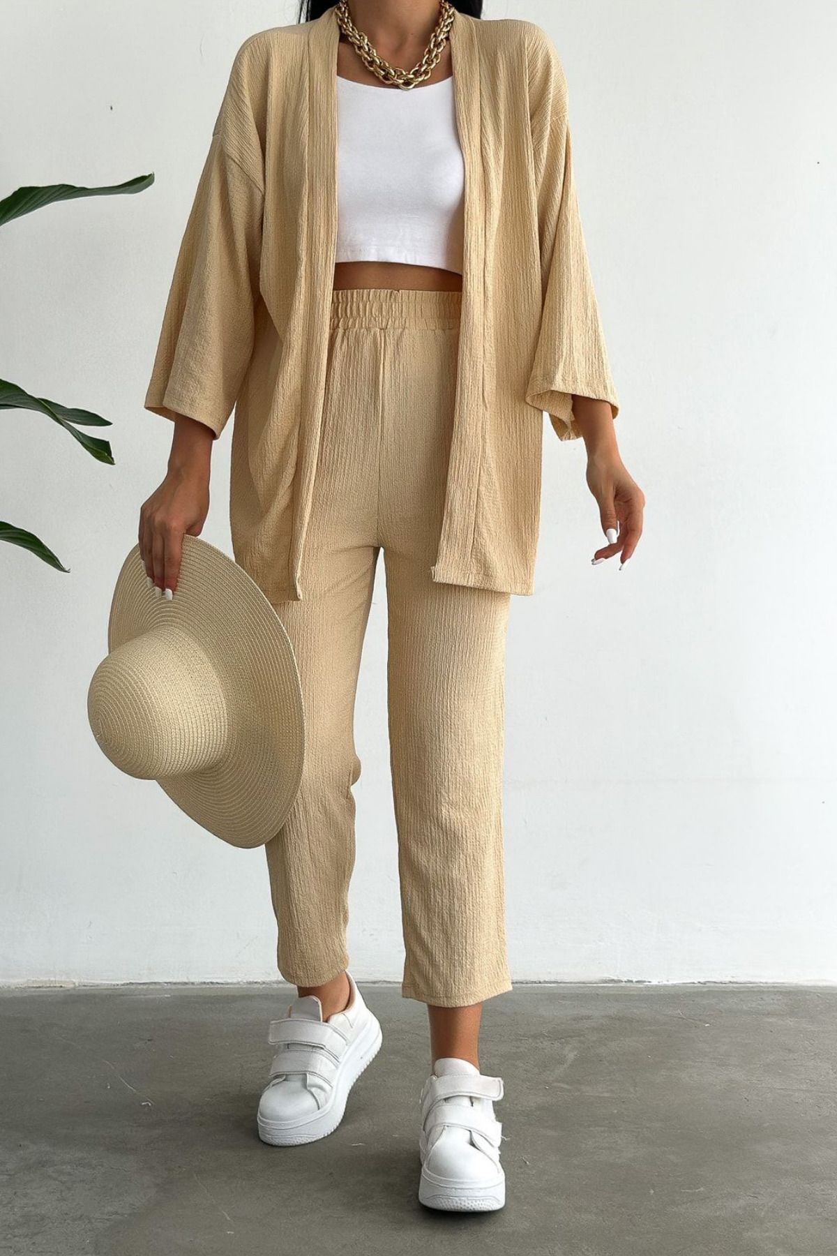 Kadın Camel Bürümcük Kimono Alt Üst Takım - BEJ C1 - 2