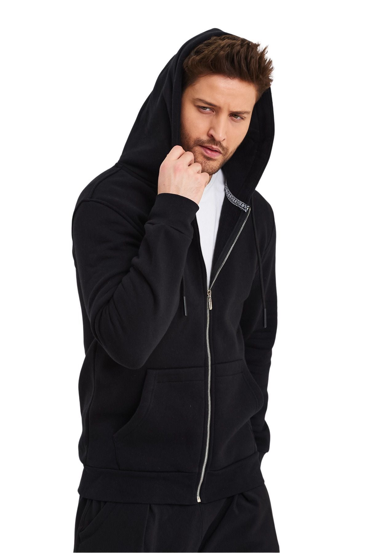 Unisex Si̇yah Tam Fermuarlı Hırka Sweatshirt Kapşonlu Kanguru Cepli Kadın Erkek - Siyah - 2