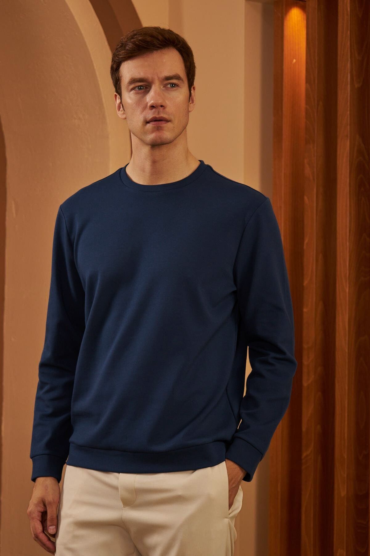 Erkek Bisiklet Yaka Uzun Kollu Oversize Sweatshirt - Lacivert - 1