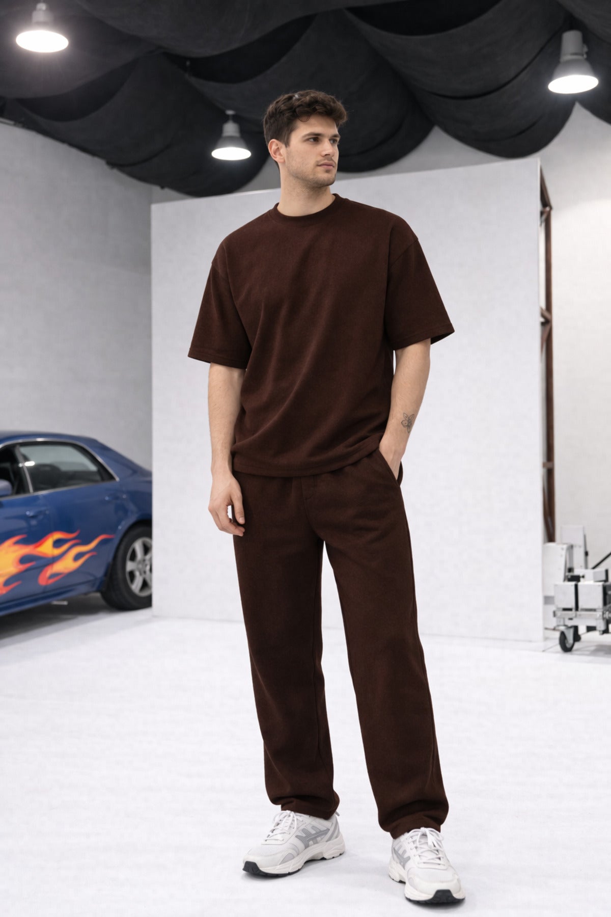 Erkek Oversize Eşofman Takımı Rahat Kalıp Basic Günlük Takım - Kahverengi - 3