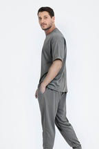 Erkek Bisiklet Yaka Kısa Kollu Oversize Pijama Takımı - Füme - 3