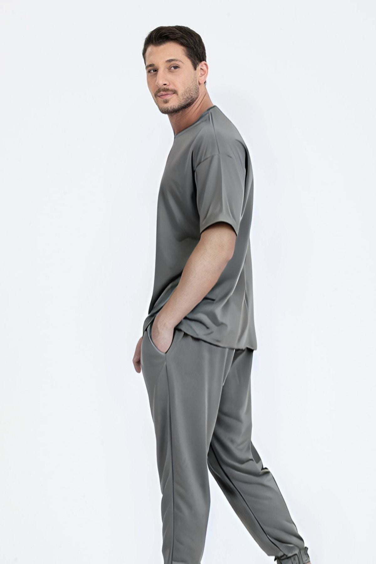 Erkek Bisiklet Yaka Kısa Kollu Oversize Pijama Takımı - Füme - 3
