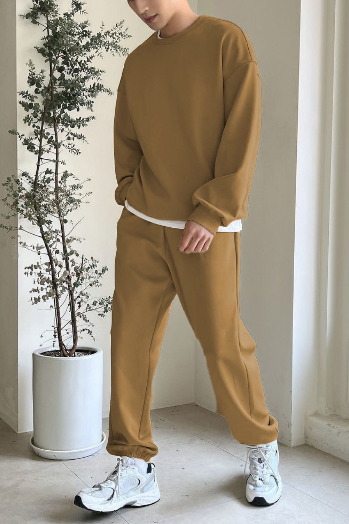 Erkek Bisiklet Yaka Oversize Jogger Paçası Lastikli Alt Üst Eşofman Takımı - Vizon - 1